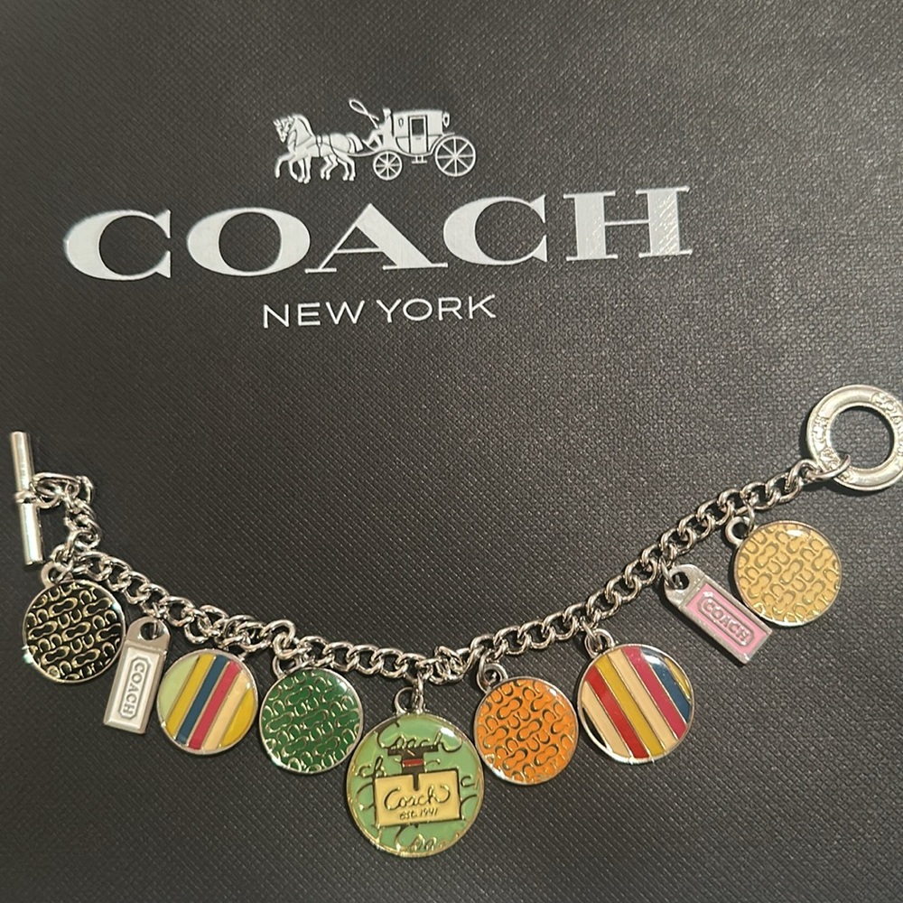 Coach legacy bracelet Silver and Green stripes Charm
